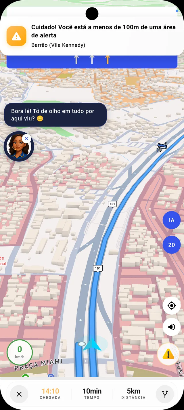 Tela do app avisando que você está a menos de 100 m de uma área de alerta