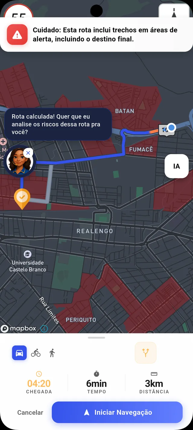 Tela do Vem Tranquilo mostrando uma rota com alerta de área com risco de crime